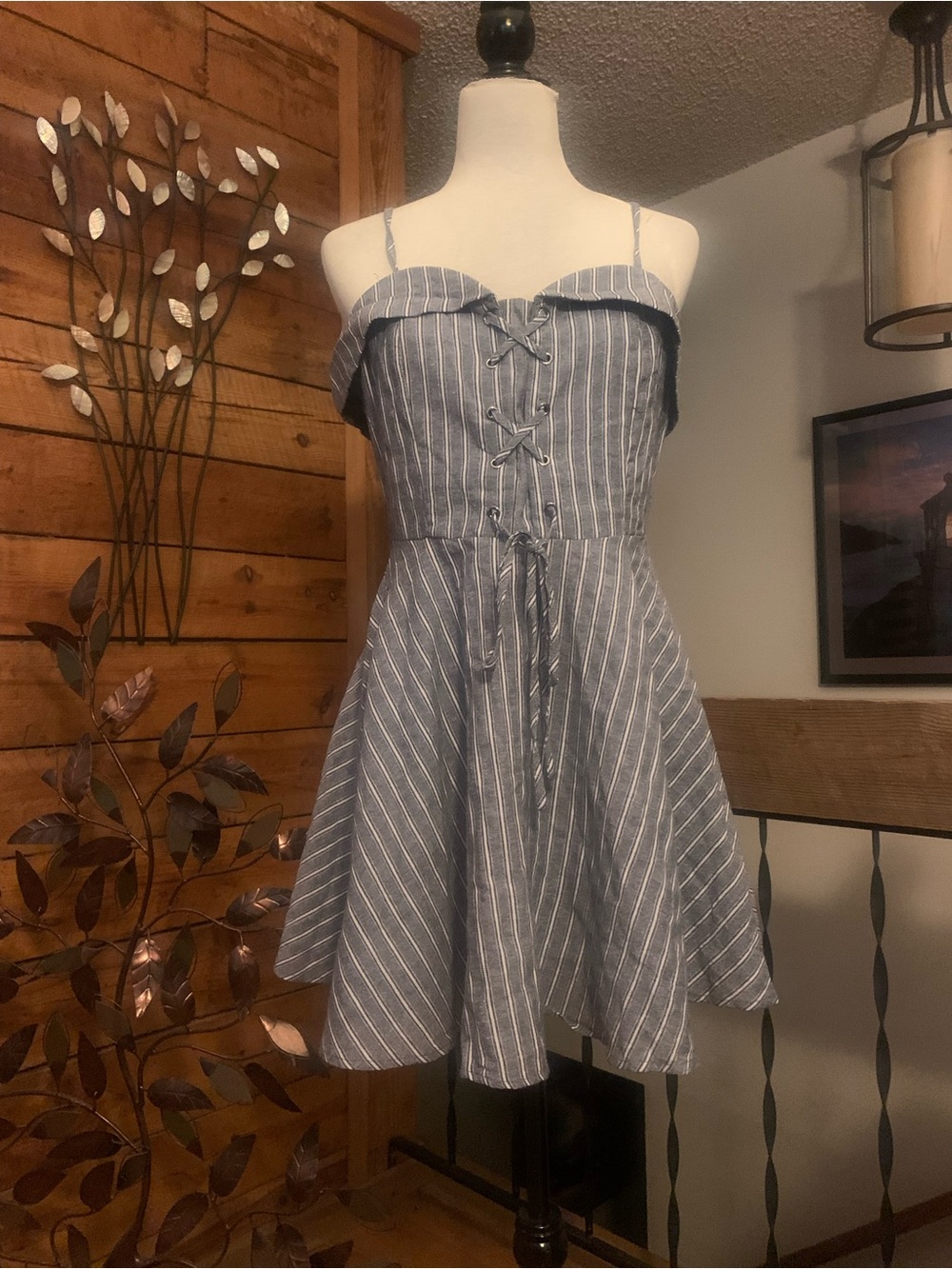Trac Blue and White Striped Lace-Up Sundress